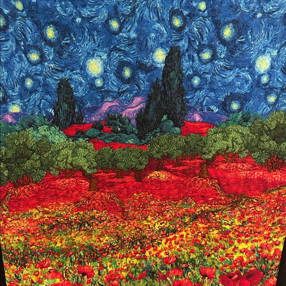 Red Poppy Field Art Quilt Panel with Night Sky